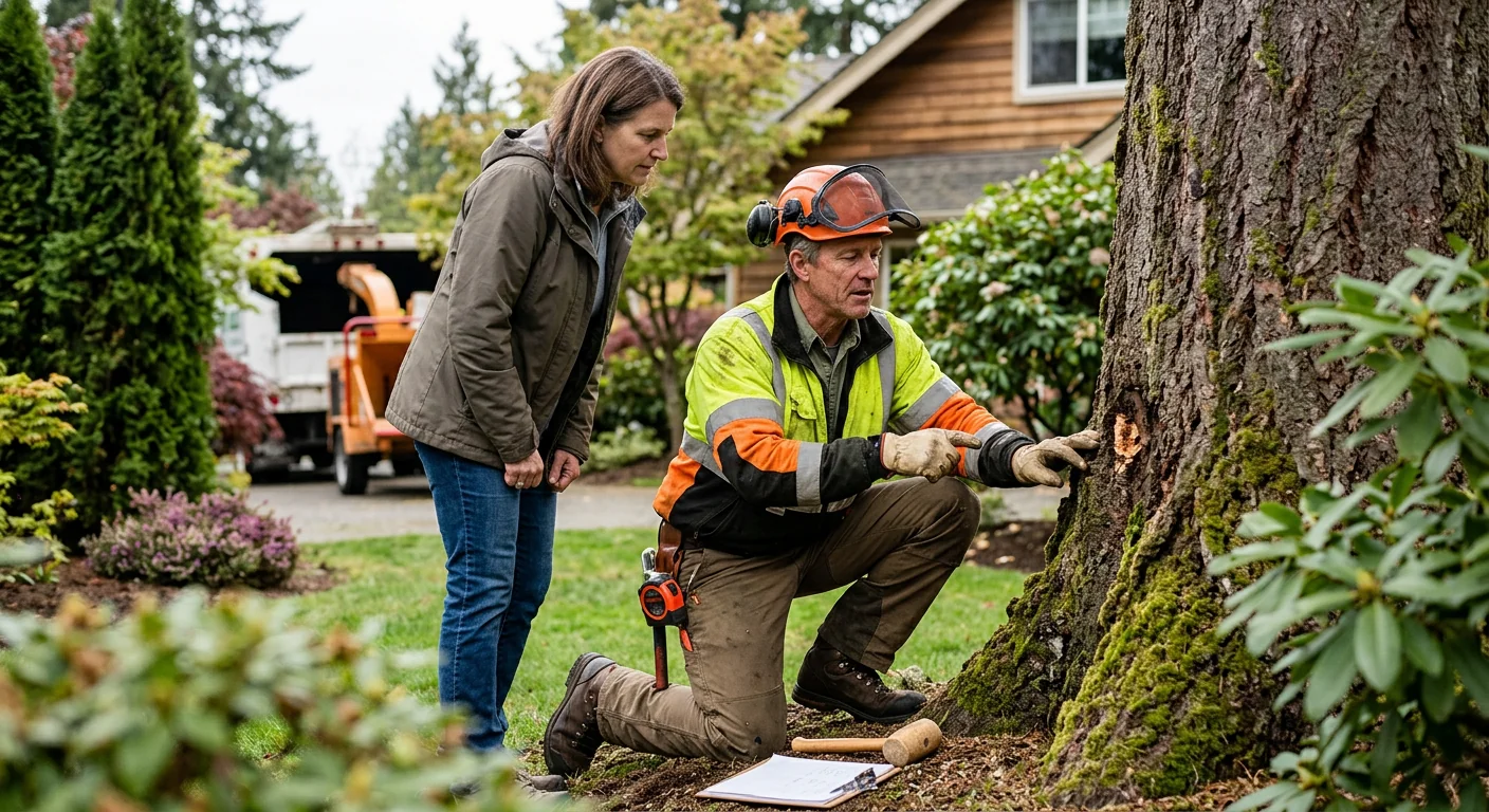 Overgrown backyard tree with crossing limbs needing pruning in Edmonds