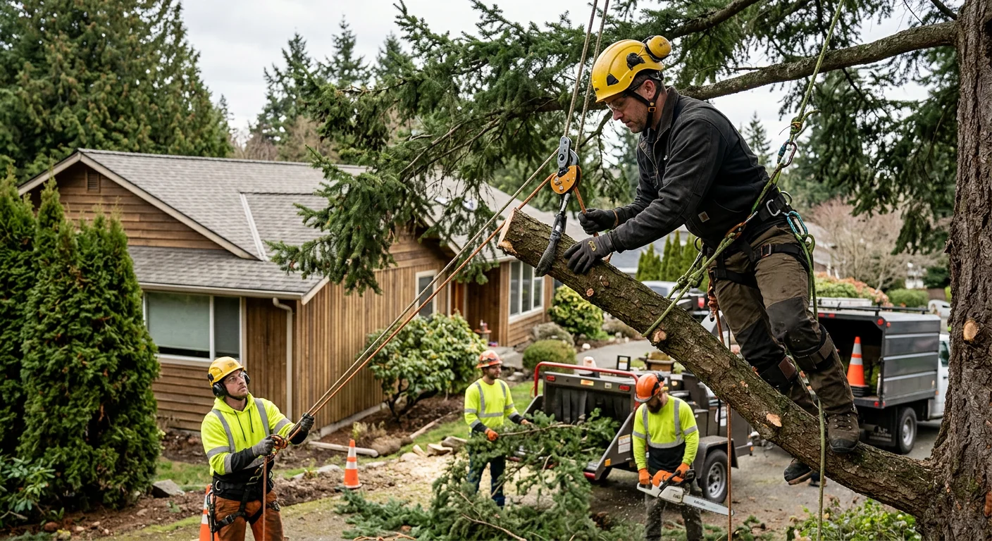 Arborist making a directional pruning cut on a mature tree in Edmonds