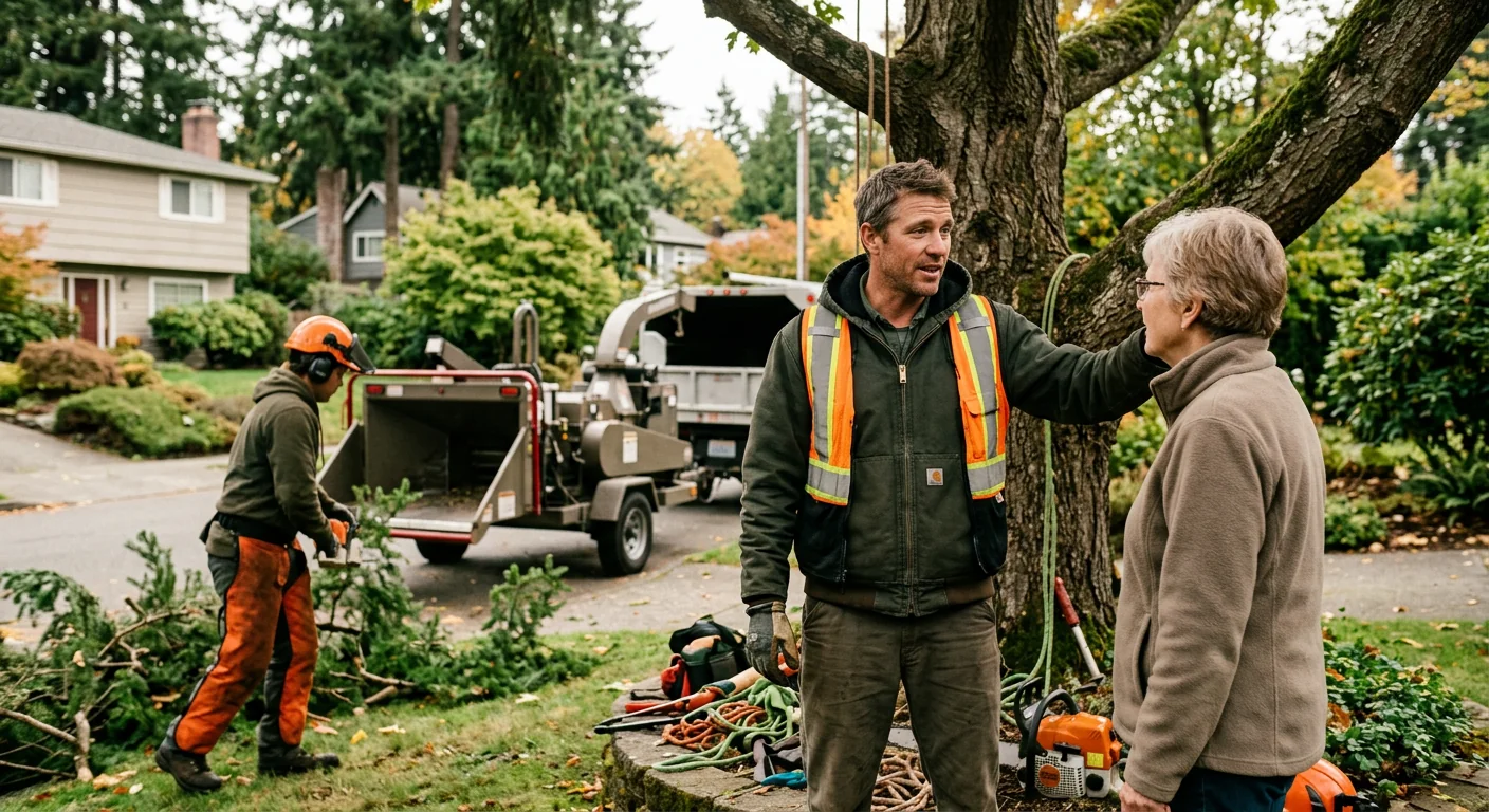 Crew reviewing pruning plan with a homeowner before starting work