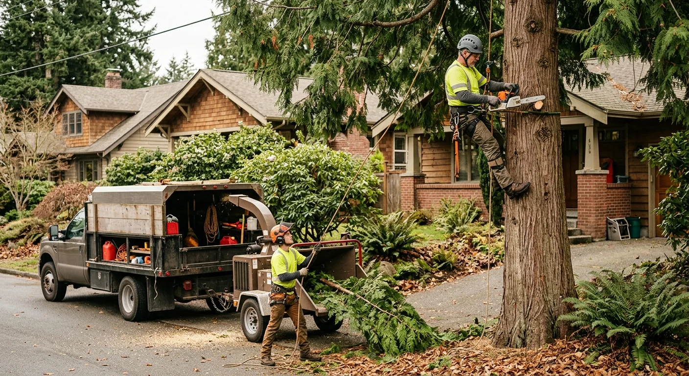 Crew assessing a large tree near an Edmonds home to prepare a removal estimate