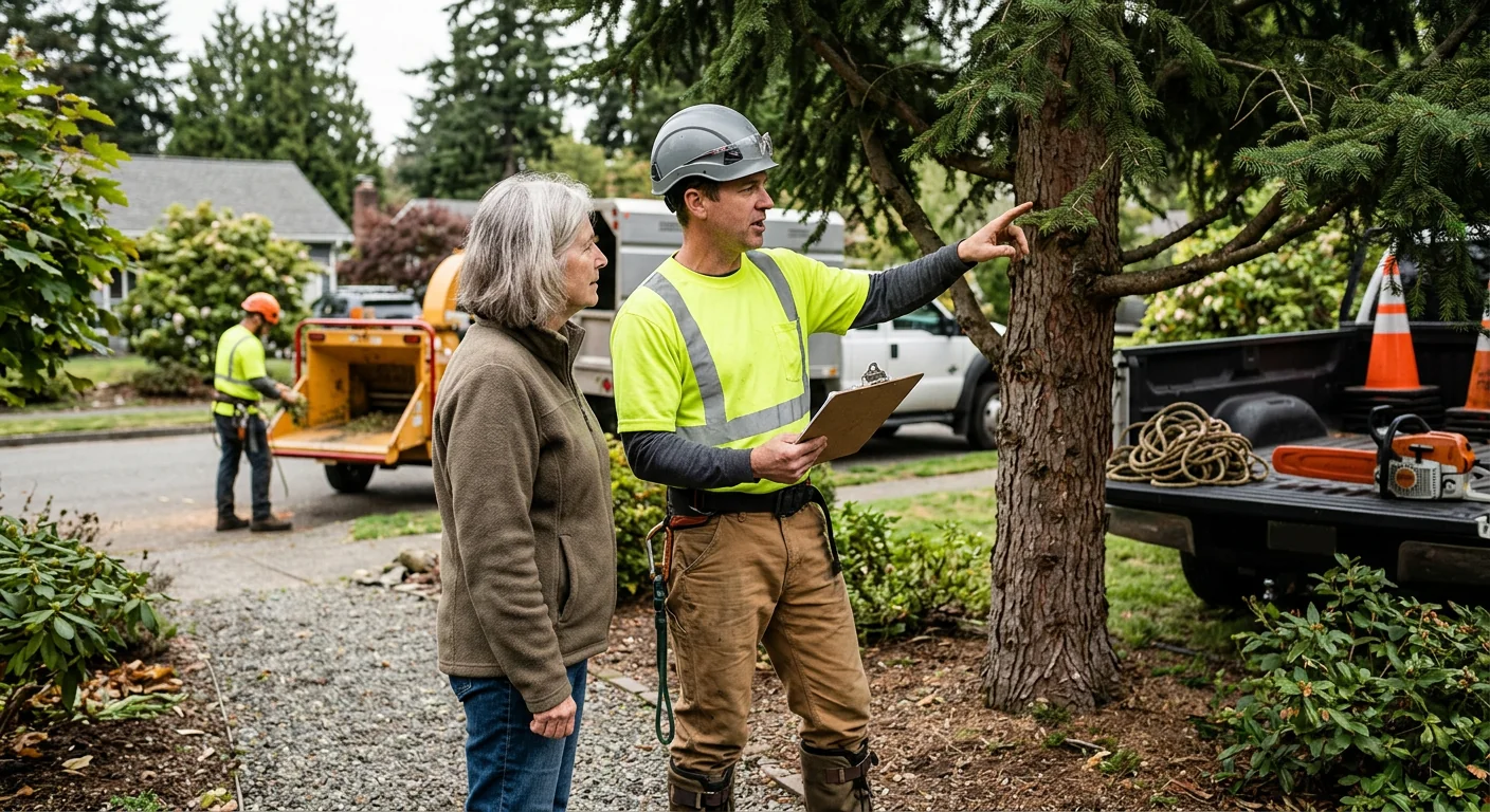 Tree service crew reviewing a removal estimate with an Edmonds homeowner outside a house