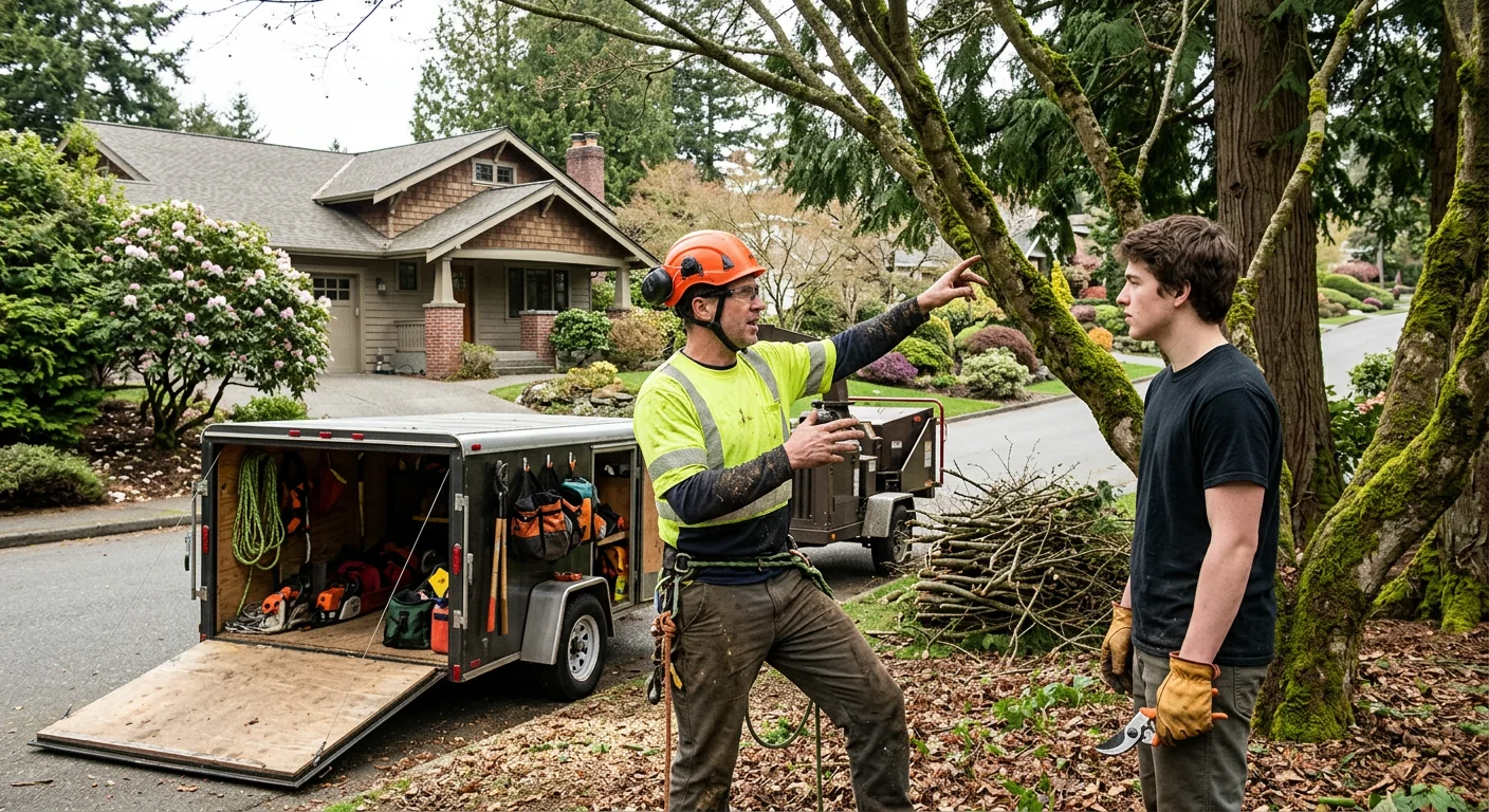 Arborist reviewing a removal plan with an Edmonds homeowner beside a large tree