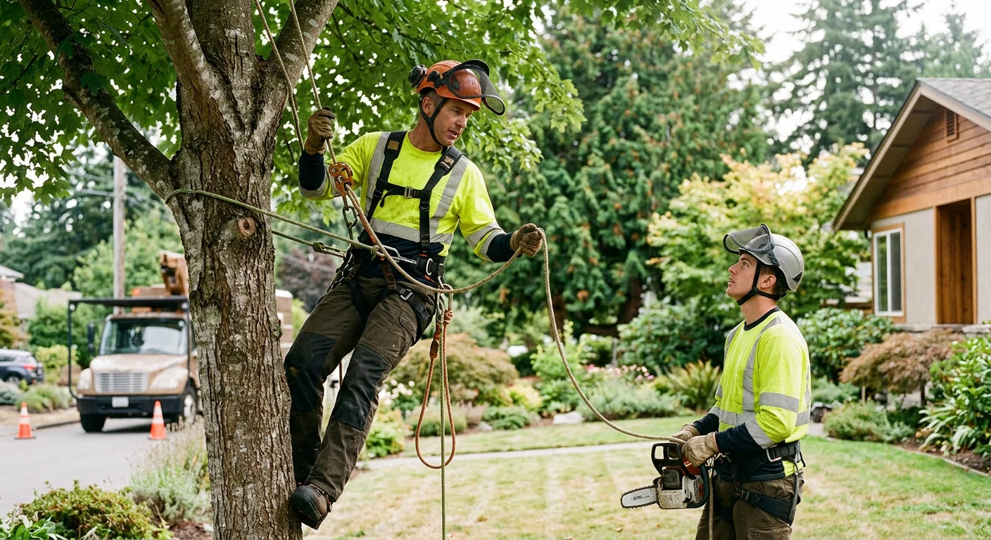 Tree service crew safely dismantling a large tree on an Edmonds residential property