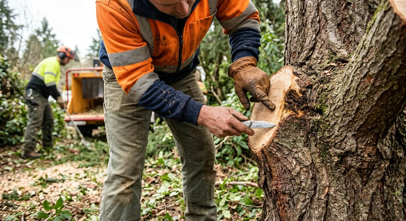 Arborist inspecting trunk decay before a planned tree removal