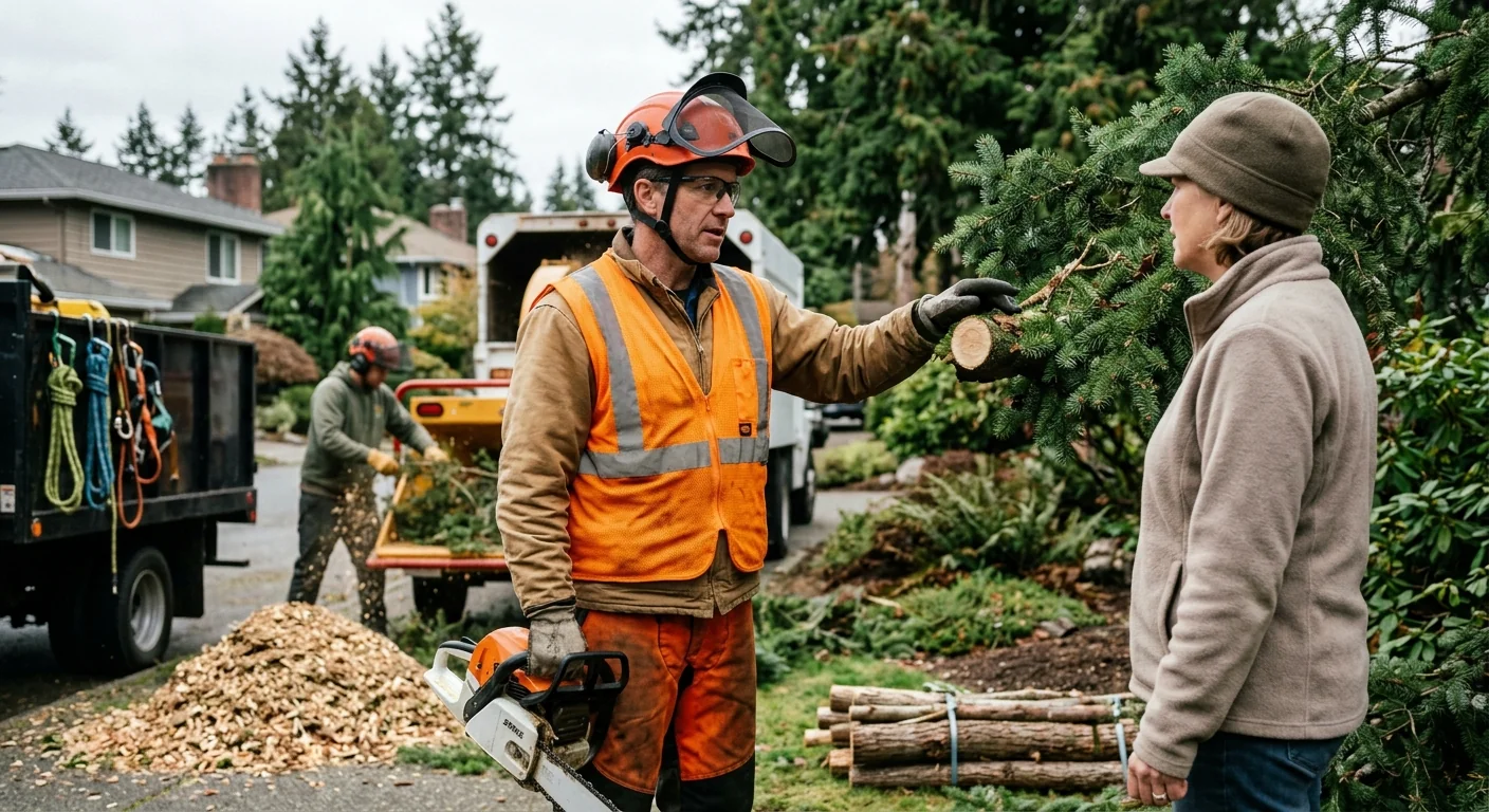 Arborist reviewing removal plan with an Edmonds homeowner
