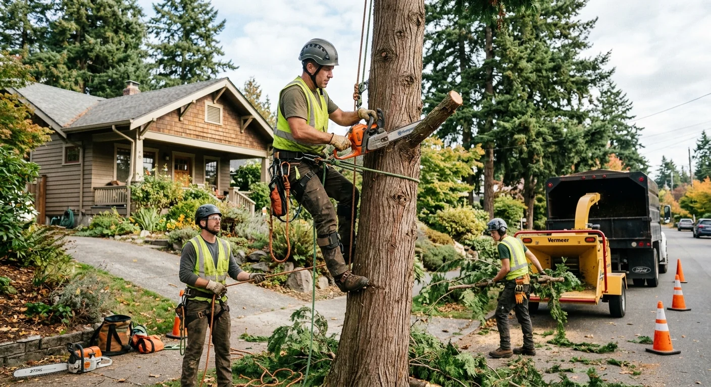 Arborist measuring a tree diameter while noting cost factors during an Edmonds property assessment