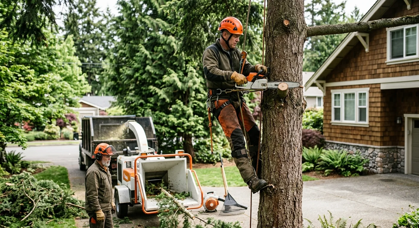 Arborist inspecting a mature backyard tree during a risk assessment in Edmonds