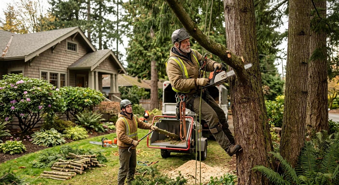 Arborist inspecting a mature tree trunk during a risk assessment in a residential yard