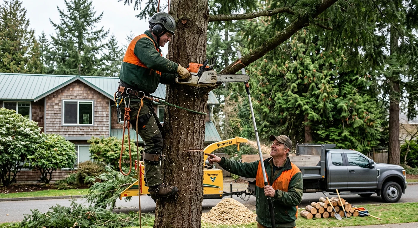 Arborist inspecting a tall conifer for structural defects on an Edmonds property