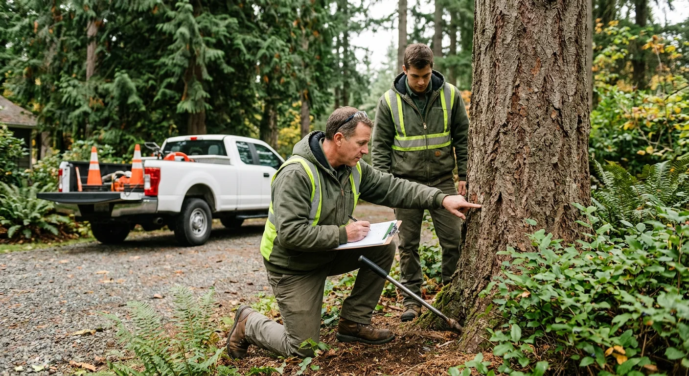 Storm-cracked branch union flagged during an Edmonds tree inspection