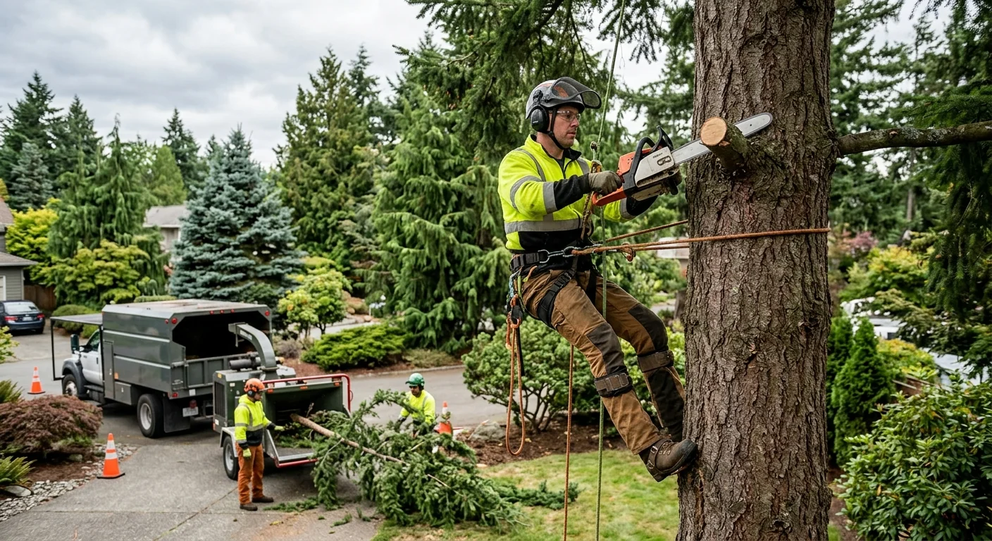 Arborist inspecting a mature tree trunk for decay in Edmonds