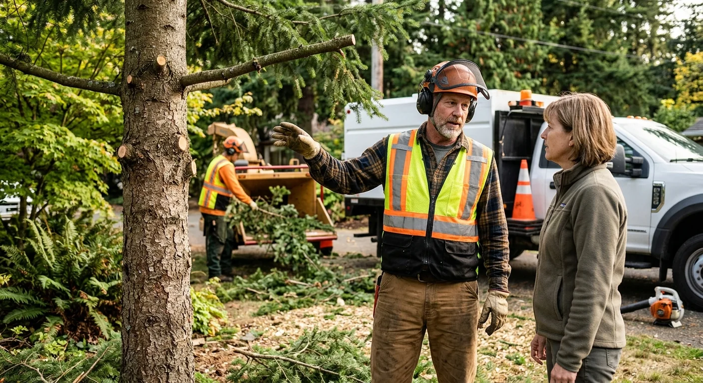 Tree service crew loading equipment for scheduled work in an Edmonds neighborhood