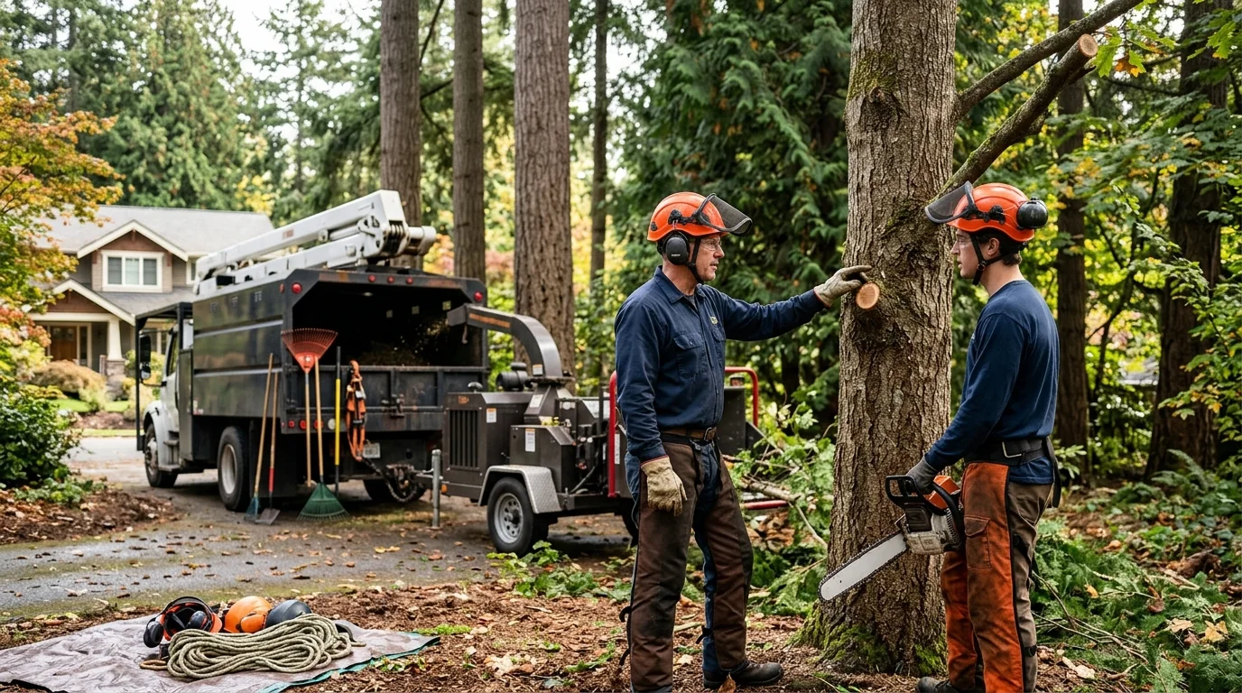 Tree crew reviewing a pruning plan before work in Edmonds