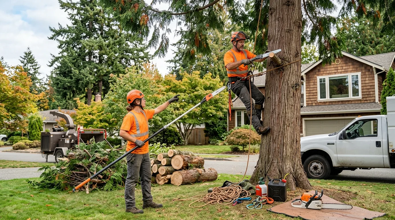 Arborist inspecting a mature tree canopy in an Edmonds yard