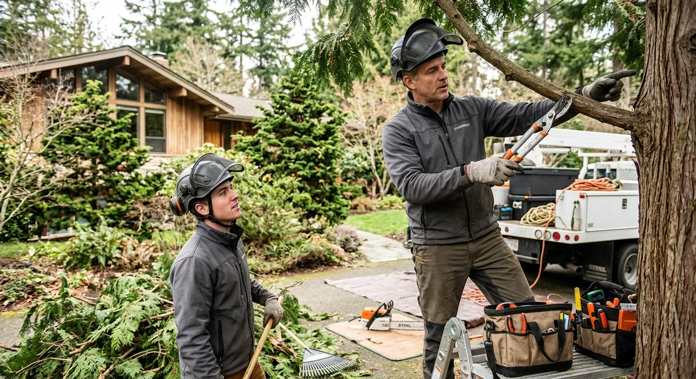 Tree crew reviewing completed work with a homeowner in Edmonds