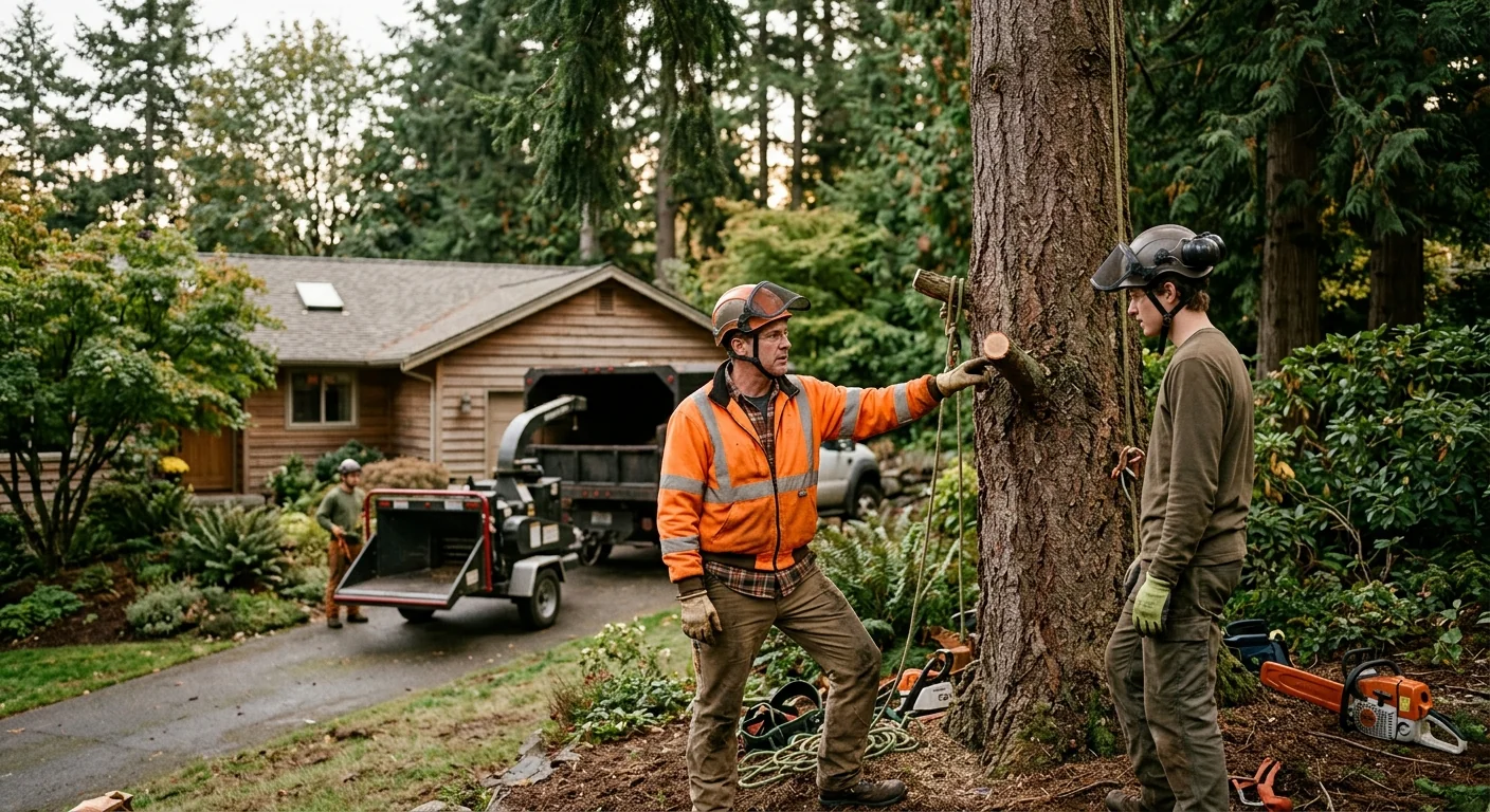 Arborist reviewing a written tree service estimate with a homeowner in an Edmonds yard