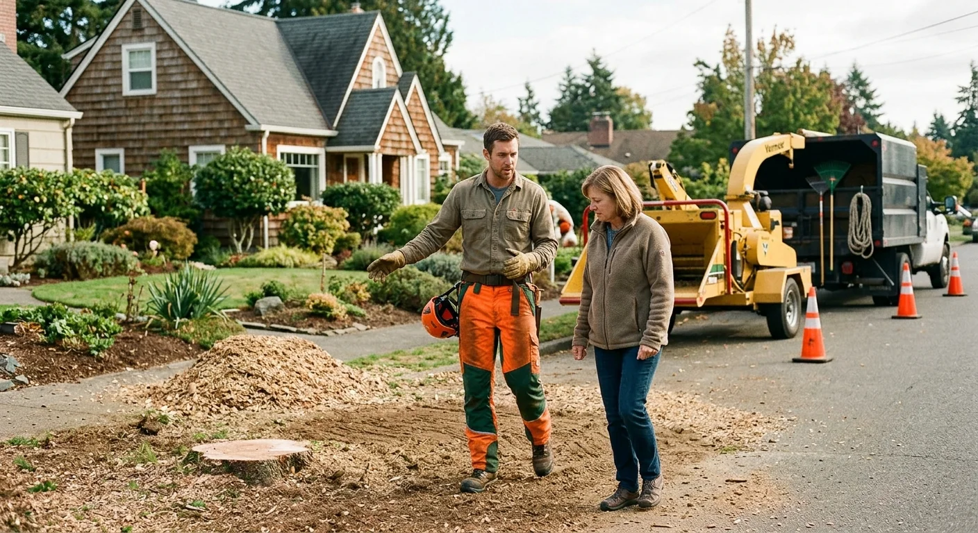 Arborist reviewing completed removal and site cleanup with a homeowner in Edmonds