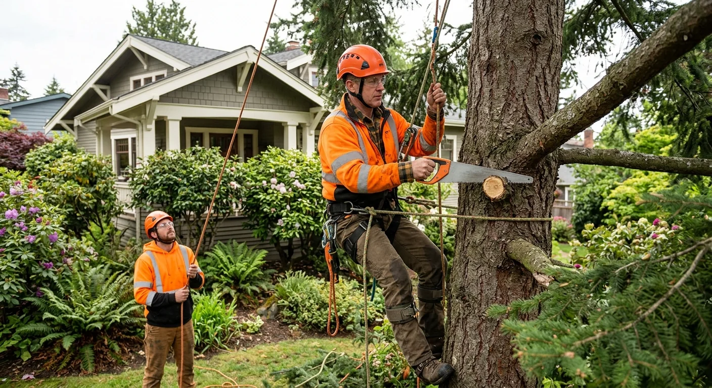 Technicians organizing climbing ropes and saws before a tree service job in Edmonds
