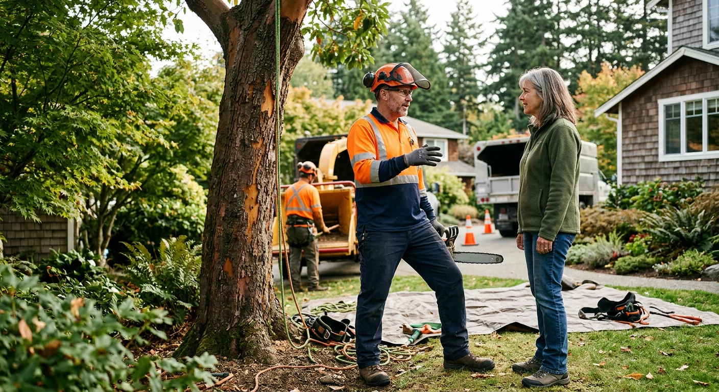Arborist assessing a tall evergreen for trimming on an Edmonds residential lot