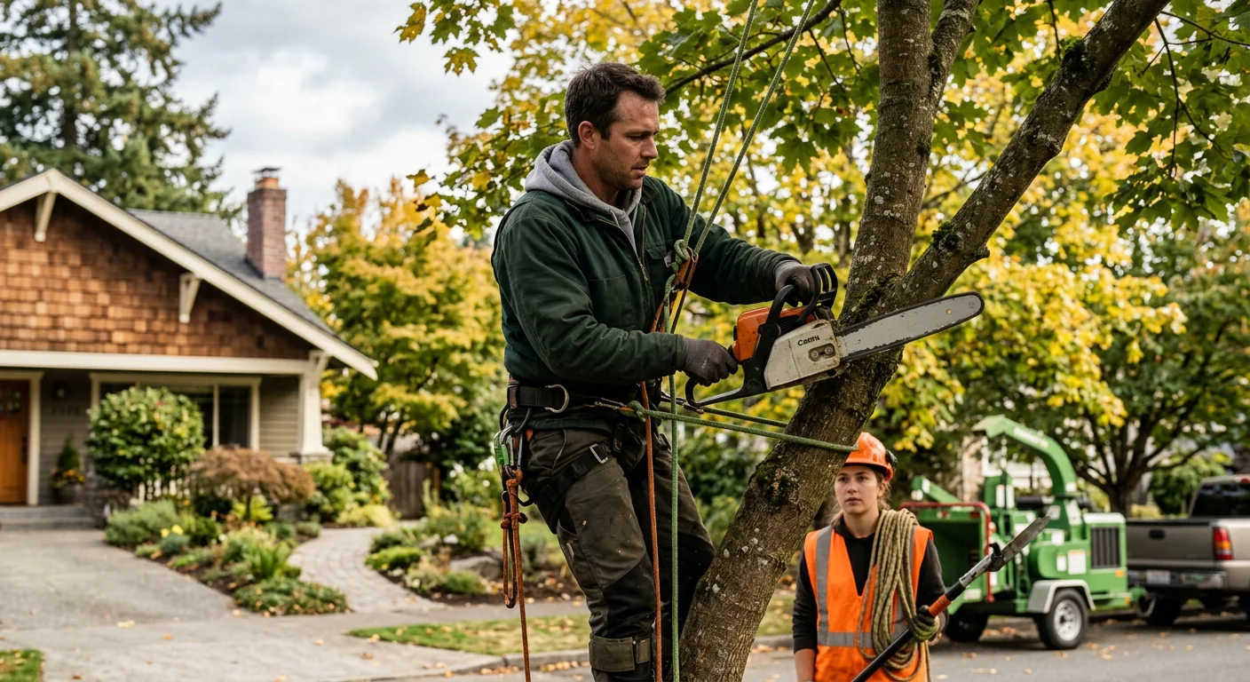 Arborist trimming a leafy tree canopy in a residential Edmonds yard