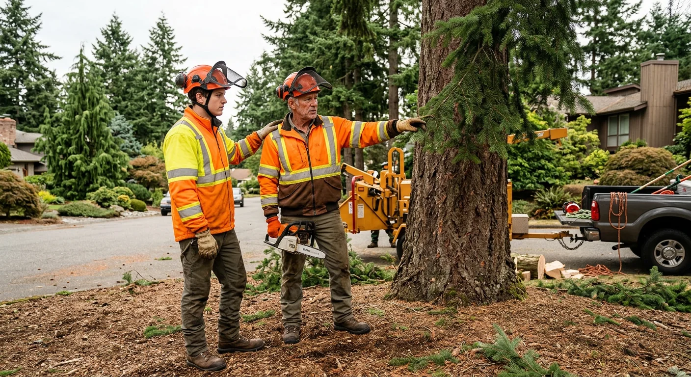 Arborist shaping maple canopy with pole saw in an Edmonds backyard