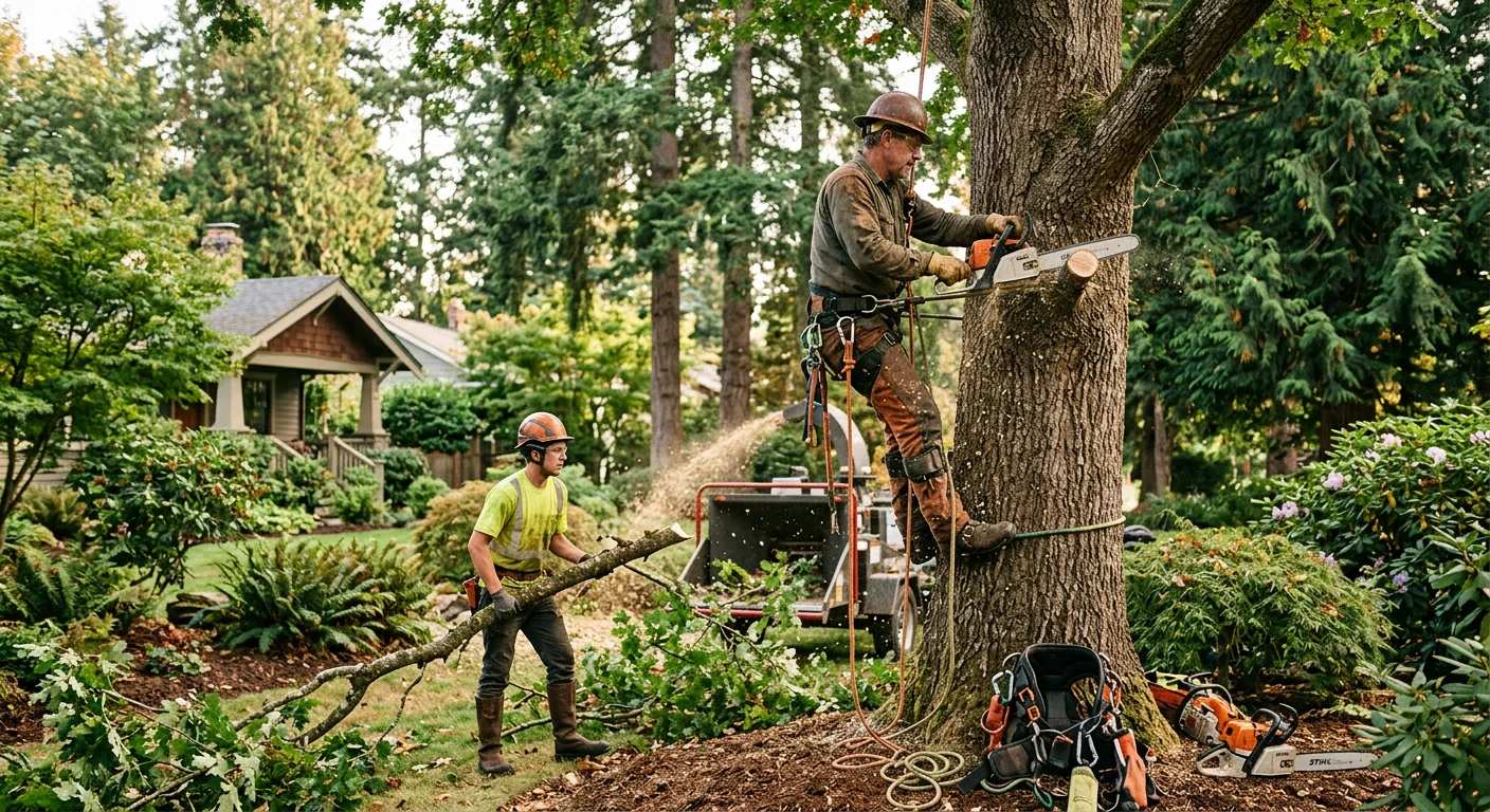 Arborist shaping a mature tree canopy on a residential Edmonds property