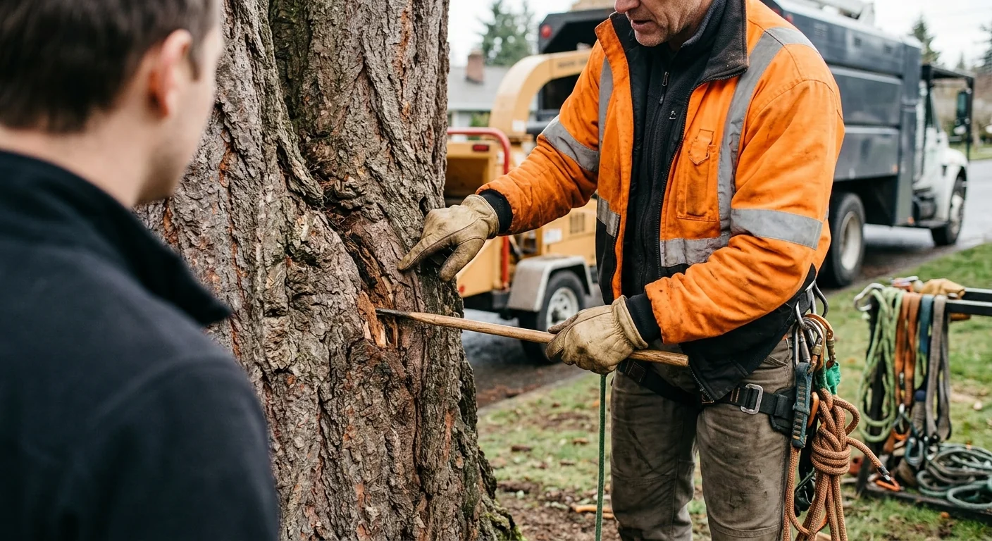 Deadwood limbs marked for removal during a tree trimming assessment