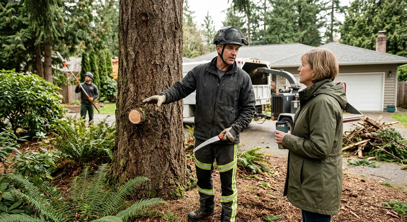 Arborist making precise pruning cuts on a residential tree in Edmonds