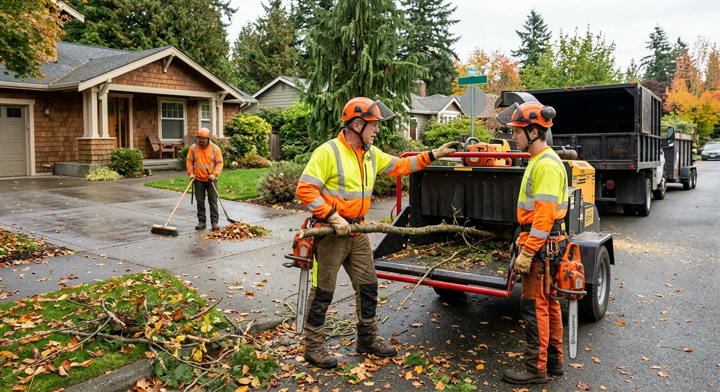 Crew reviewing trimming plan with a homeowner before work